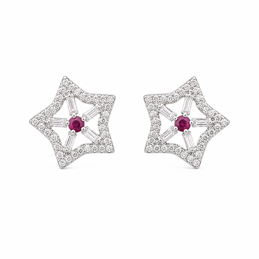 Ruby Star Sparkle Silver Earrings