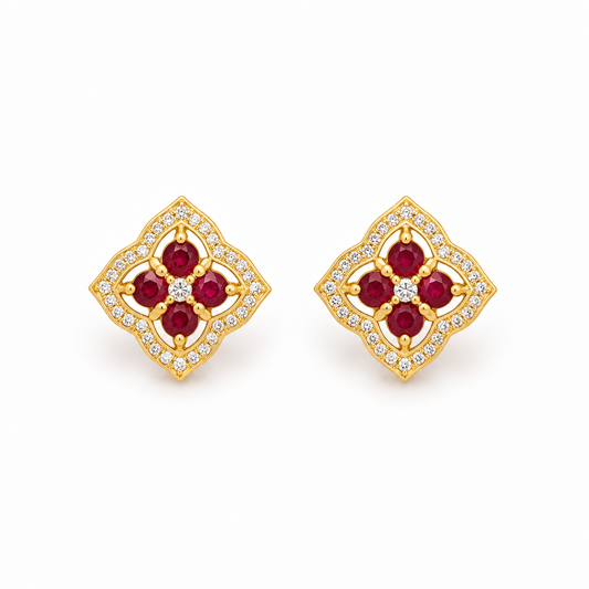 Ruby Bloom Golden Silver Earrings