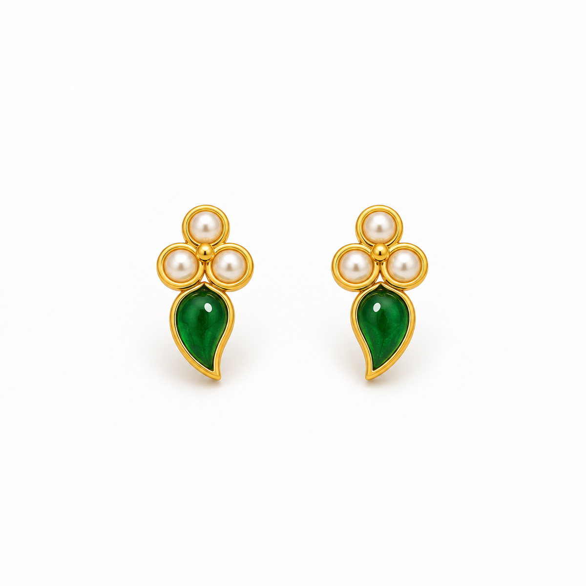 Emerald Leaf Pearl Golden Earrings