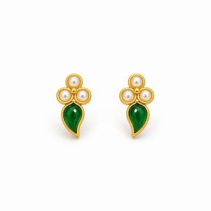 Emerald Leaf Pearl Golden Earrings