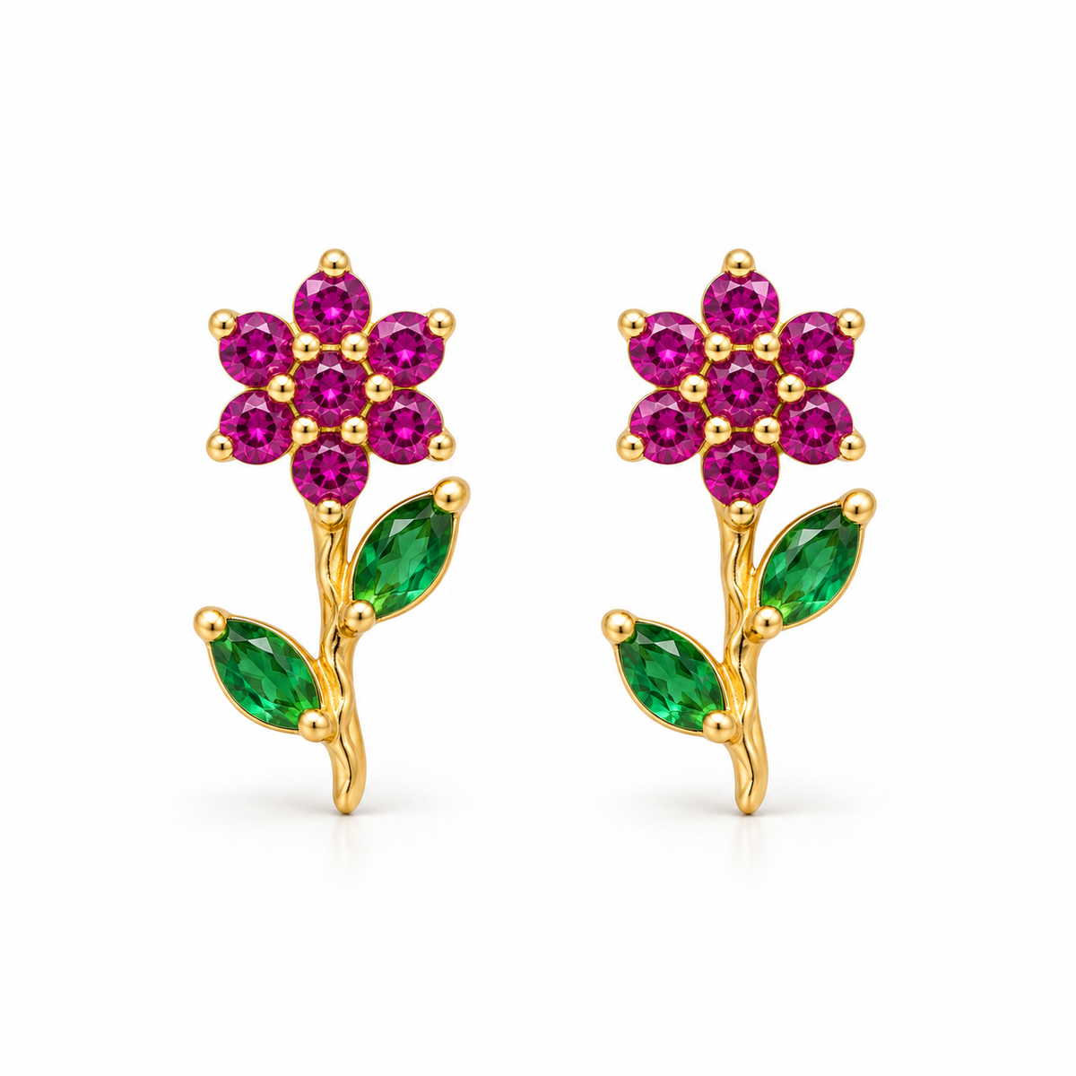 Floral Pink Golden Silver Earrings