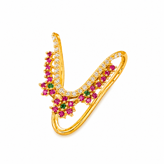 Gold Plated Silver Vanki Ring with Ruby & CZ Floral