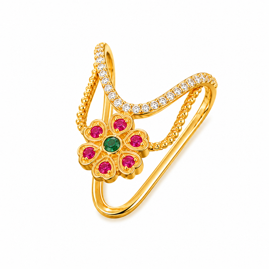 Gold-Plated Silver Floral Vanki Ring | Traditional Adjustable Ring