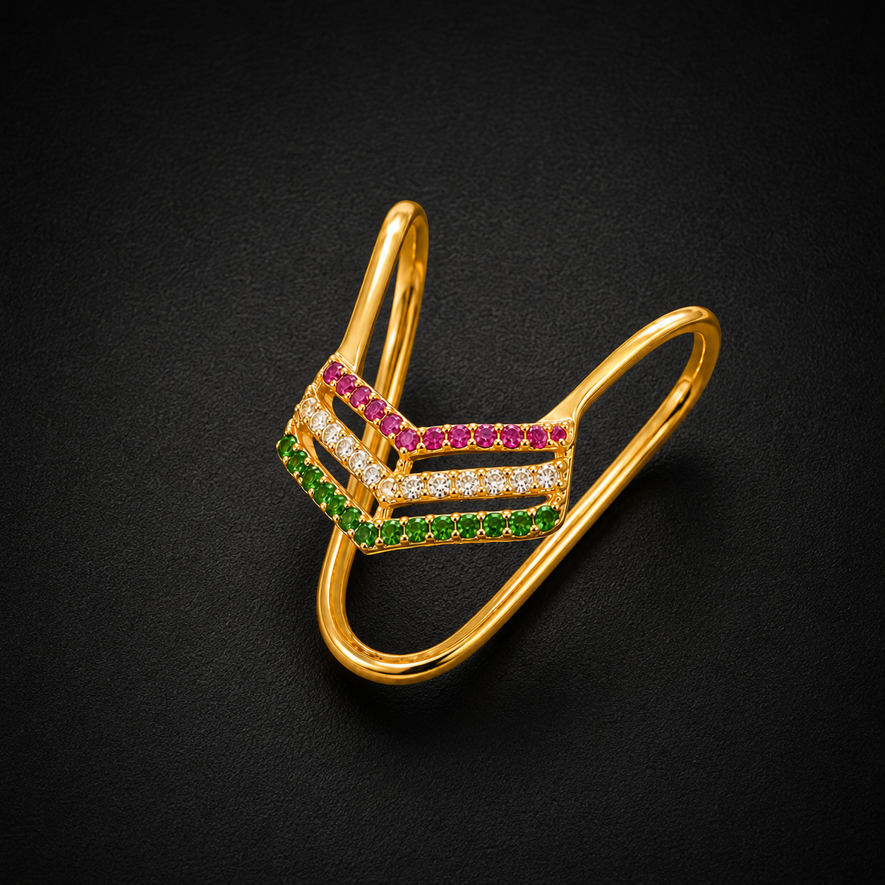 Silver Chevron Vanki Ring with Ruby, White & Emerald