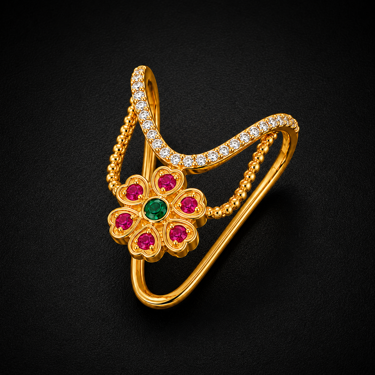 Gold-Plated Silver Floral Vanki Ring | Traditional Adjustable Ring