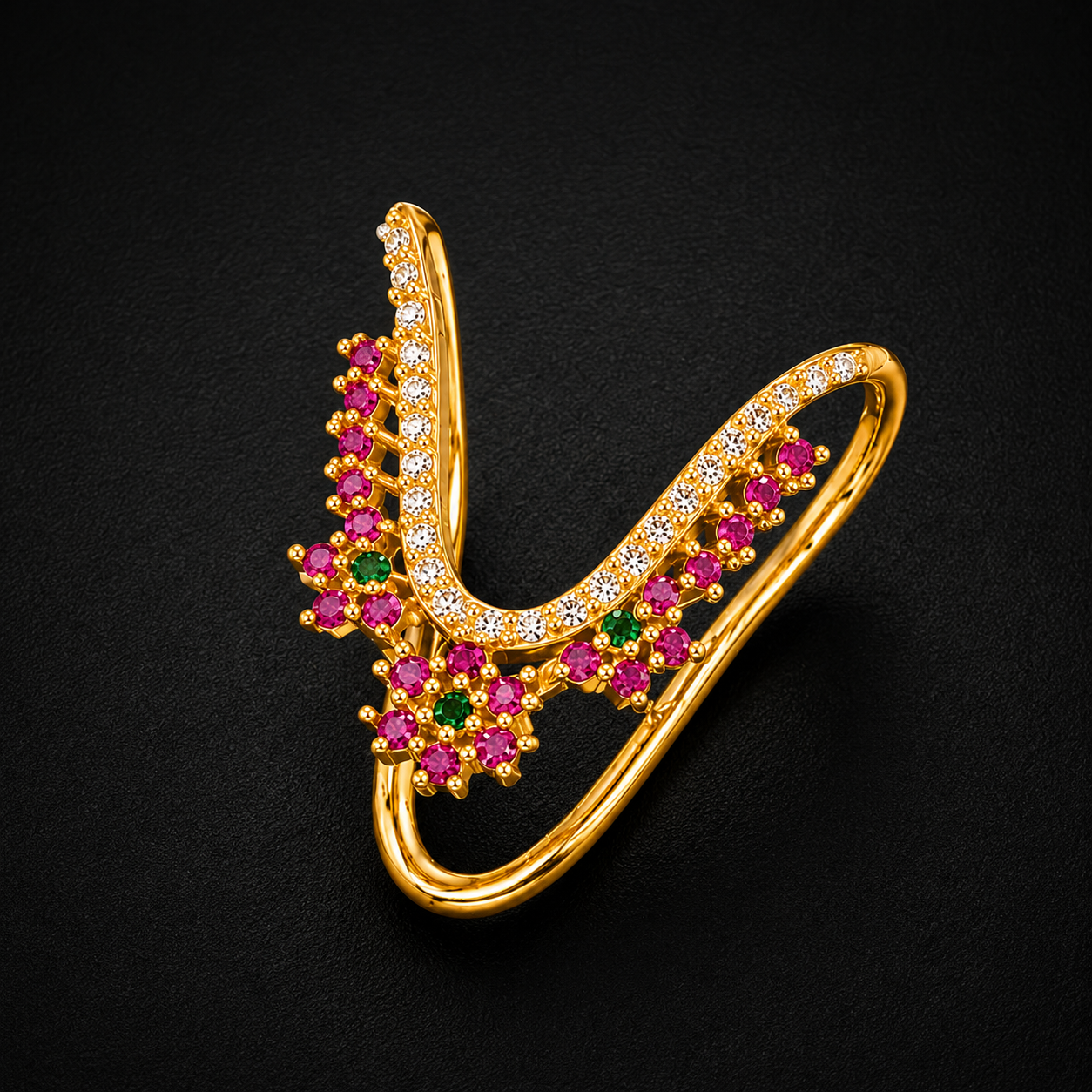 Gold Plated Silver Vanki Ring with Ruby & CZ Floral
