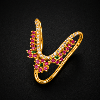 Gold Plated Silver Vanki Ring with Ruby & CZ Floral