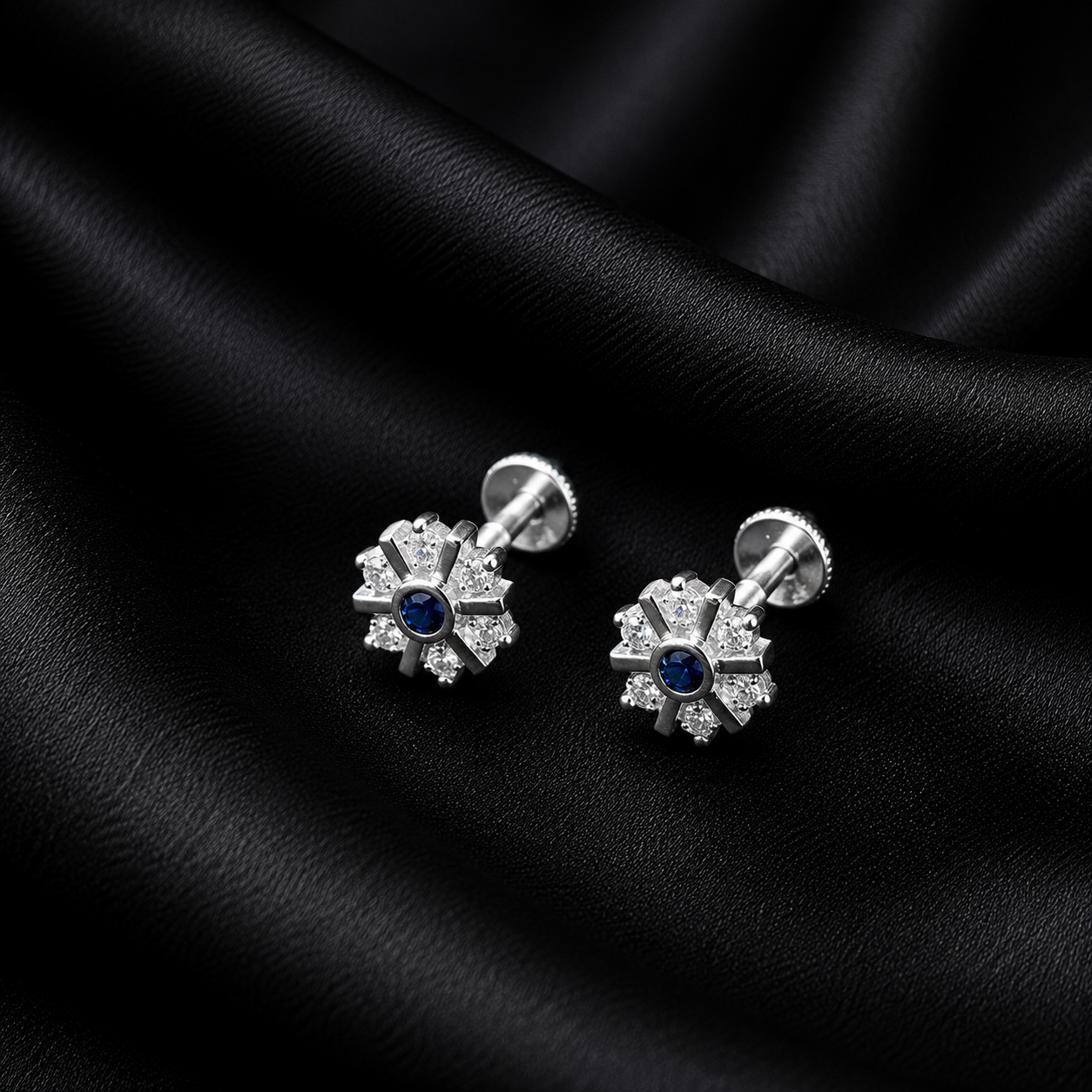 Sapphire Snowflake Silver Earrings