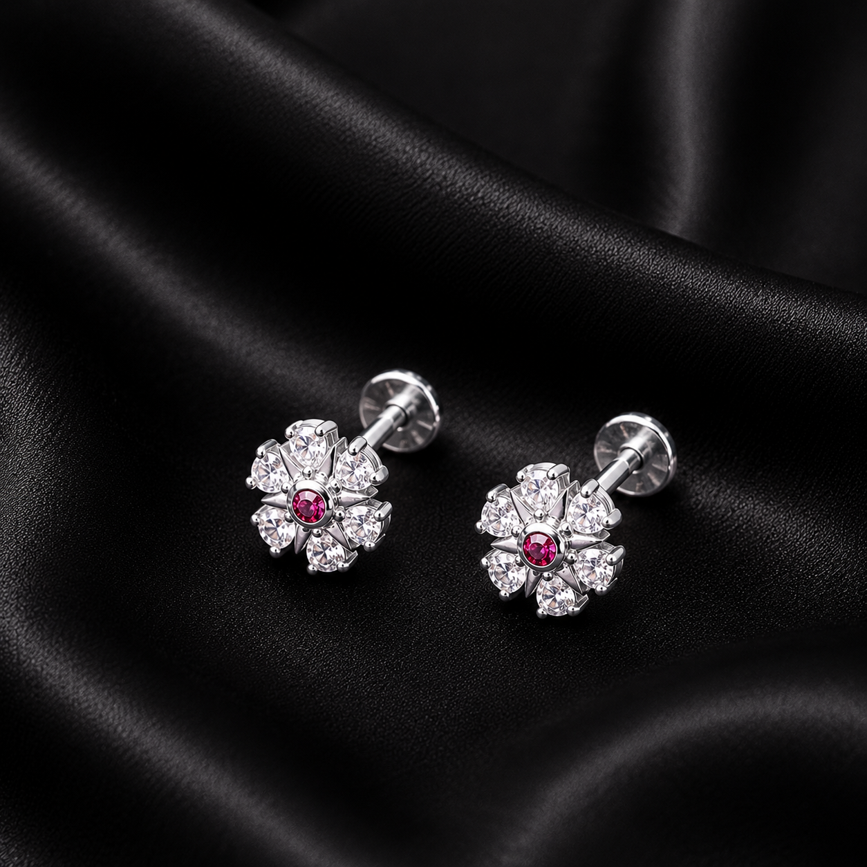 Ruby Snowflake Silver Earrings