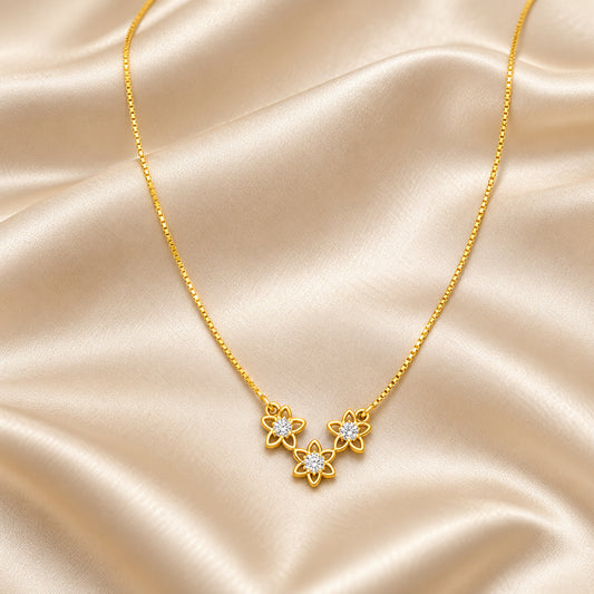 Triple Floral Diamond Gold Necklace