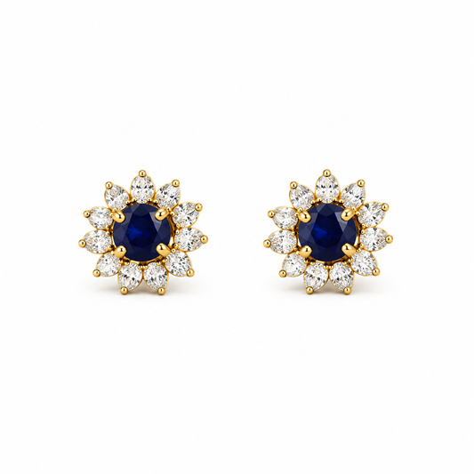 9K Gold Deep Blue Floral Studs