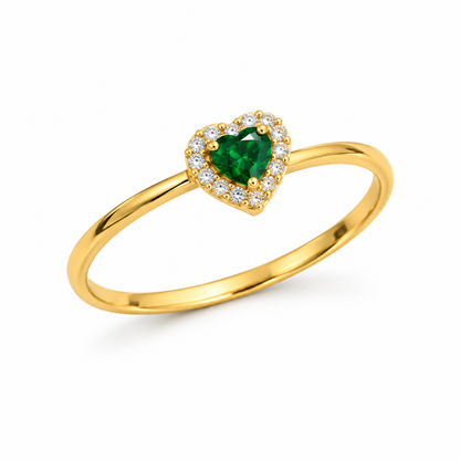 18K Gold Deep Green Heart Halo Ring