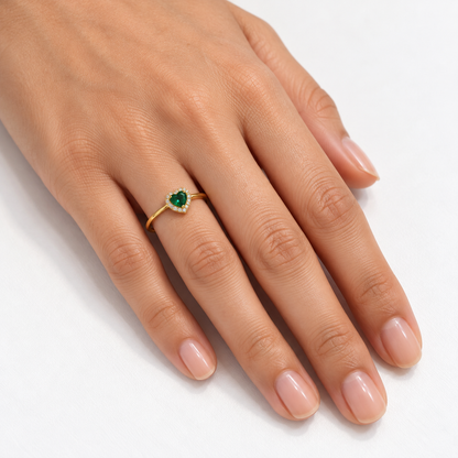 18K Gold Deep Green Heart Halo Ring