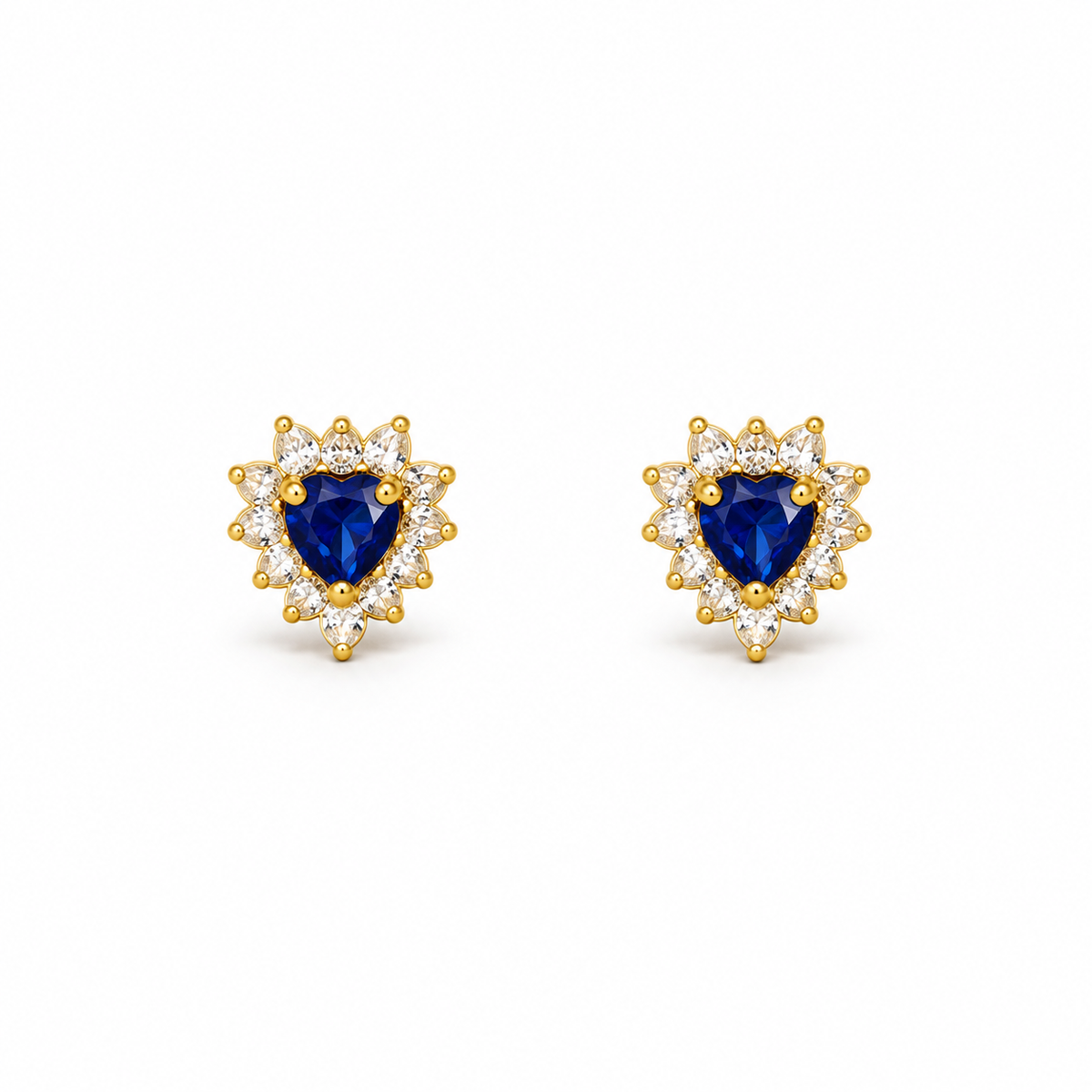 9K Gold Deep Blue Heart Halo Studs