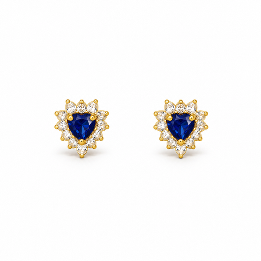 9K Gold Deep Blue Heart Halo Studs