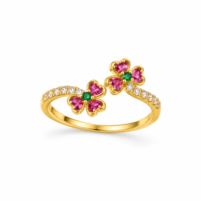 18K Gold Pink Heart Stone Double Floral Ring
