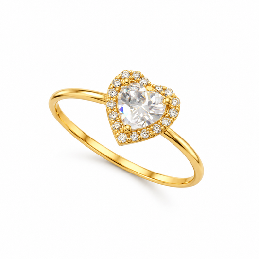 18K Gold Sparkling White Heart Halo Ring