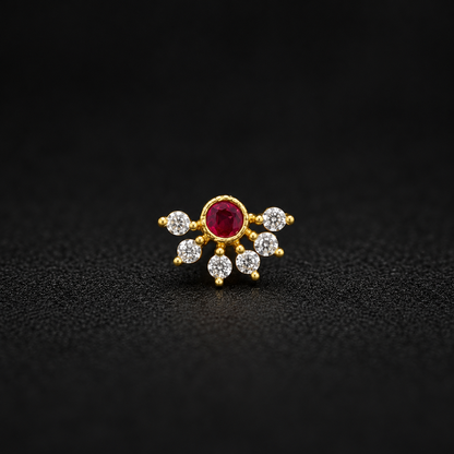 Golden Silver Ruby Red Floral Nose Pin