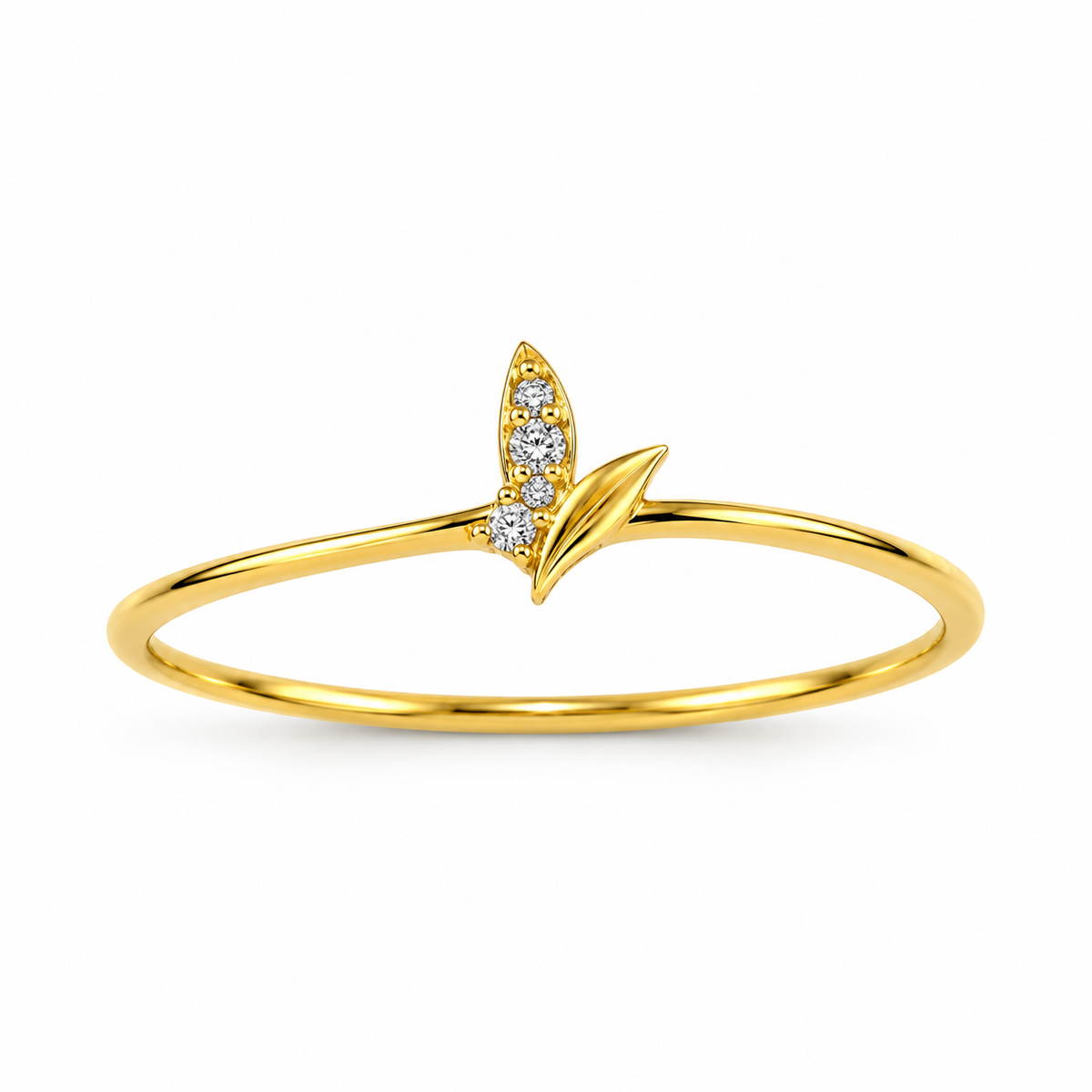 18K Gold Elegant Two-Leaf White Stone Ring