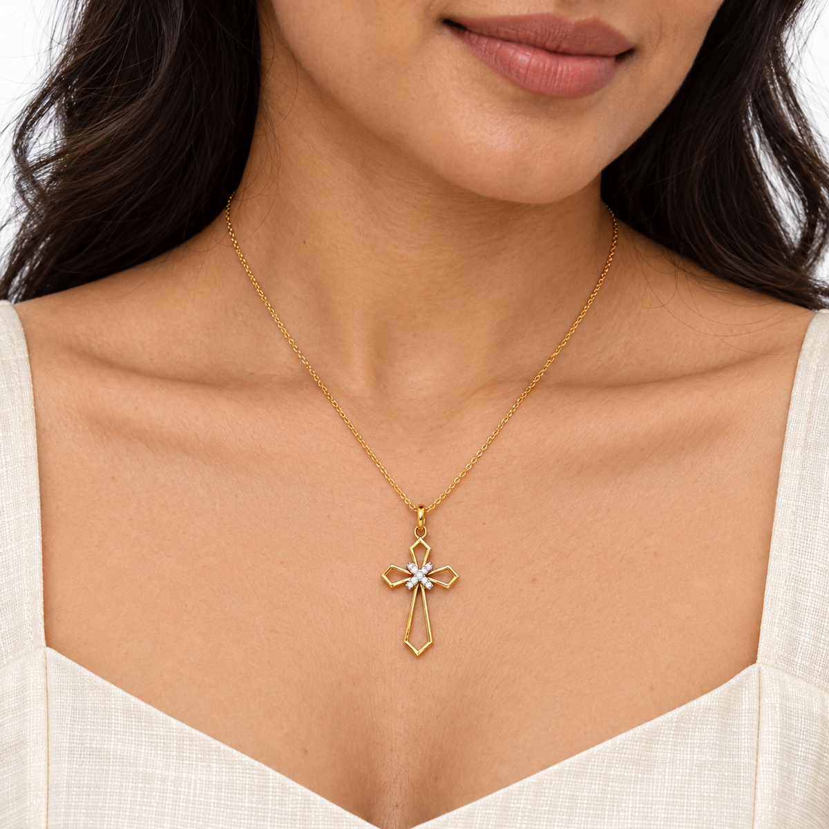 Diamond Cluster Gold Cross Pendant