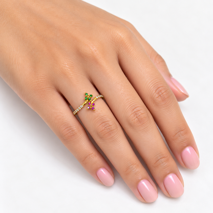 18K Gold Twin Floral Multicolor Stone Ring
