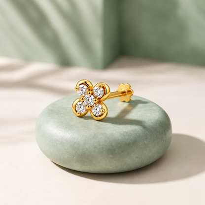 Golden Four-Petal Diamond Nose Stud