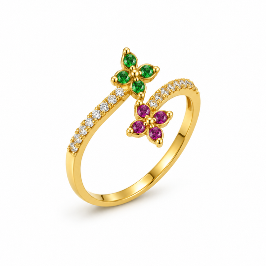 18K Gold Twin Floral Multicolor Stone Ring