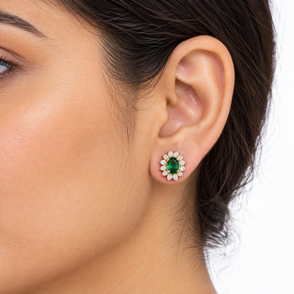 9K Gold Green Oval Halo Studs