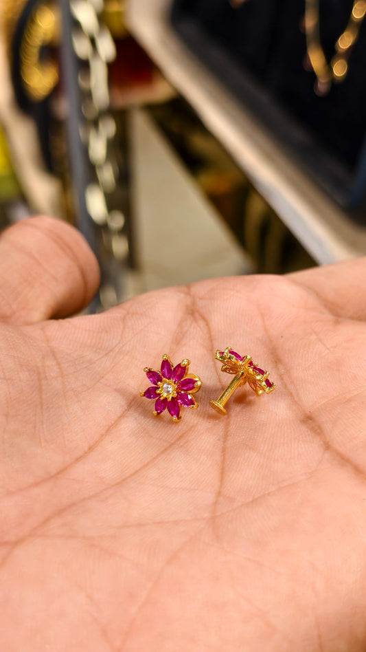 Gold-Plated Floral Stud Earrings with Pink and White Stones