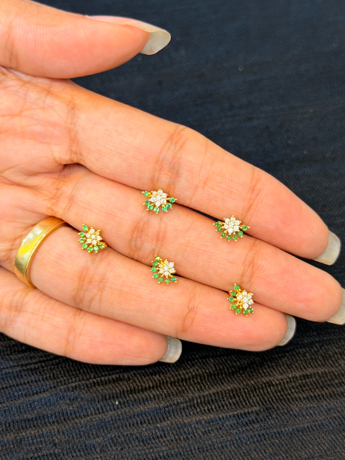 Gold Plated 925 Sterling Silver Floral Nose Pin with Green & White CZ Stones