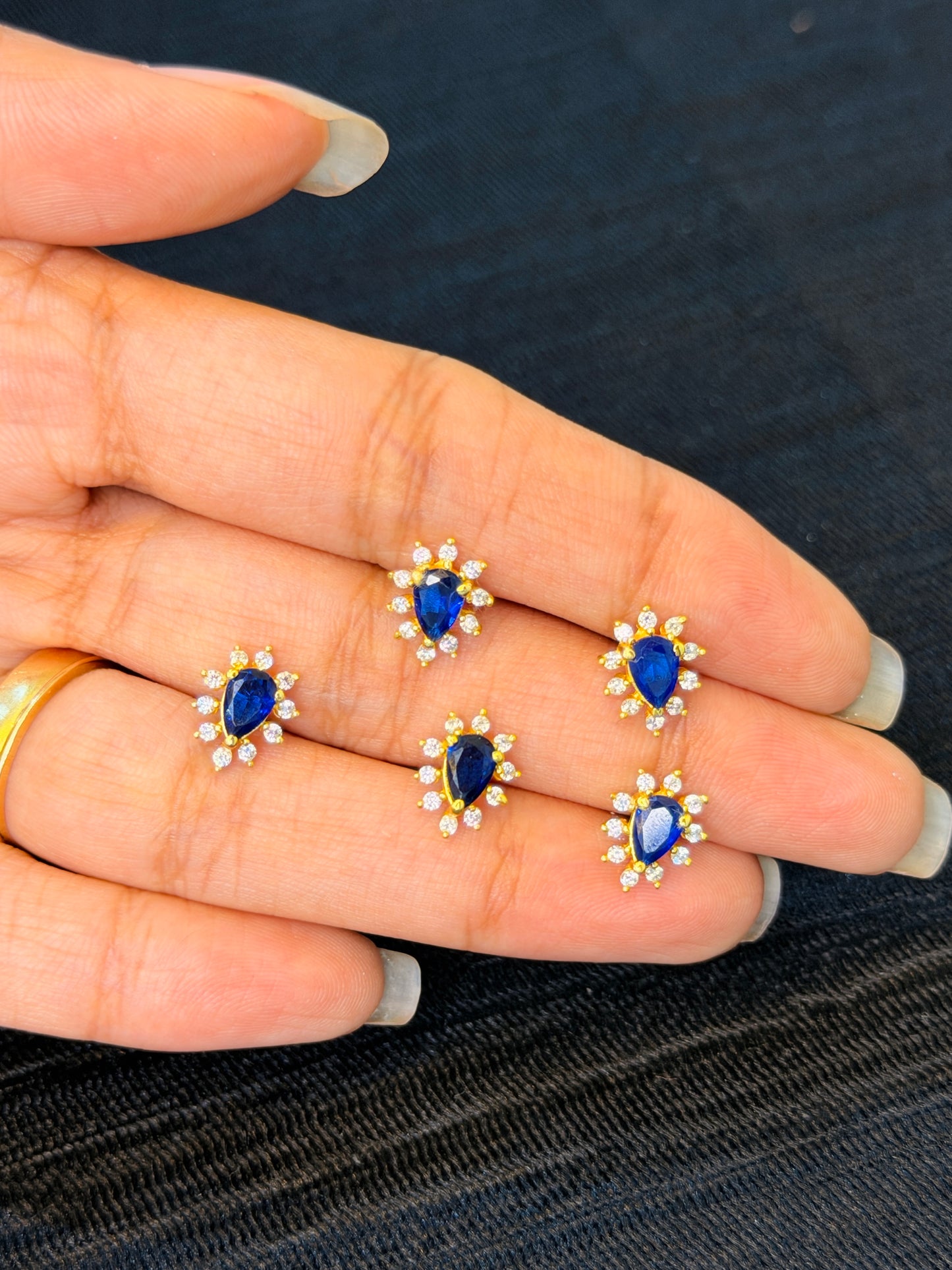 Gold Plated 92.5 Sterling Silver Blue Teardrop CZ Floral Nose Pin