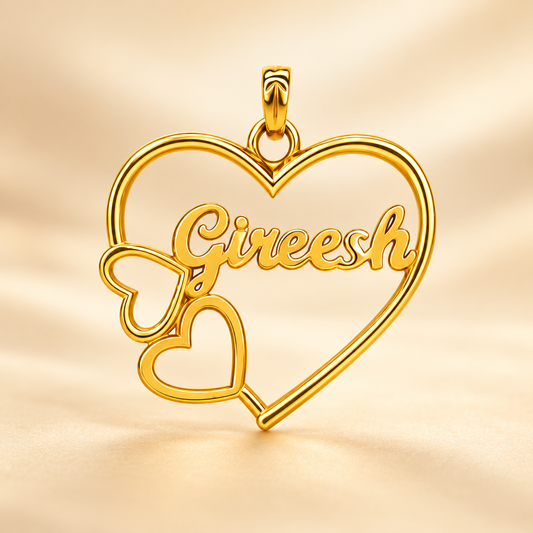 22K Gold Heart Name Pendant with Twin Hearts