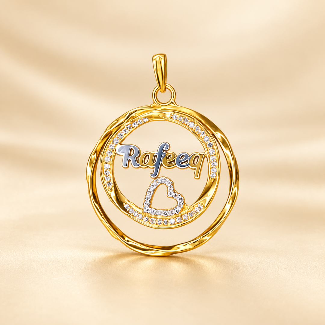 22K Gold Round Name Pendant with Stone Halo