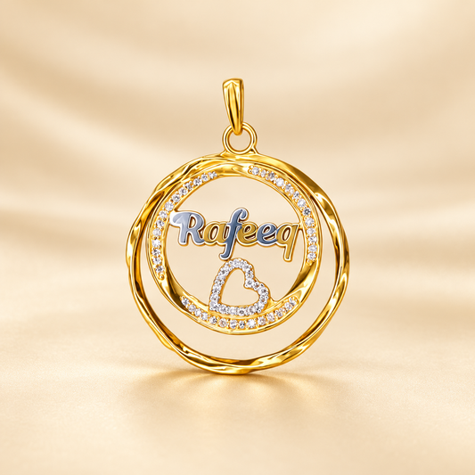 22K Gold Round Name Pendant with Stone Halo