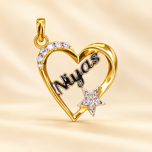 22K Gold Heart Name Pendant with Stone Star