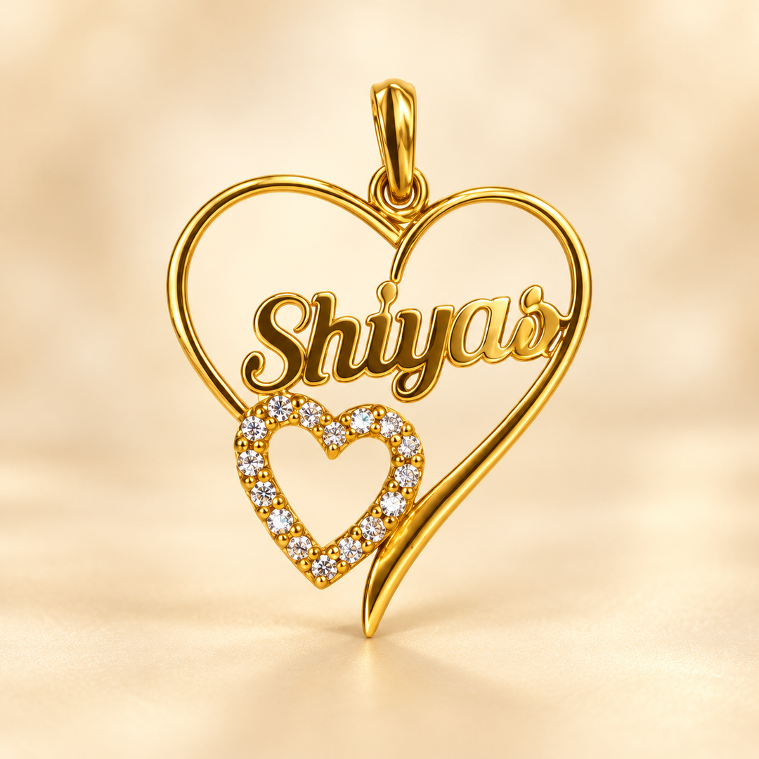 22K Gold Script Name Heart Pendant with Stone Heart