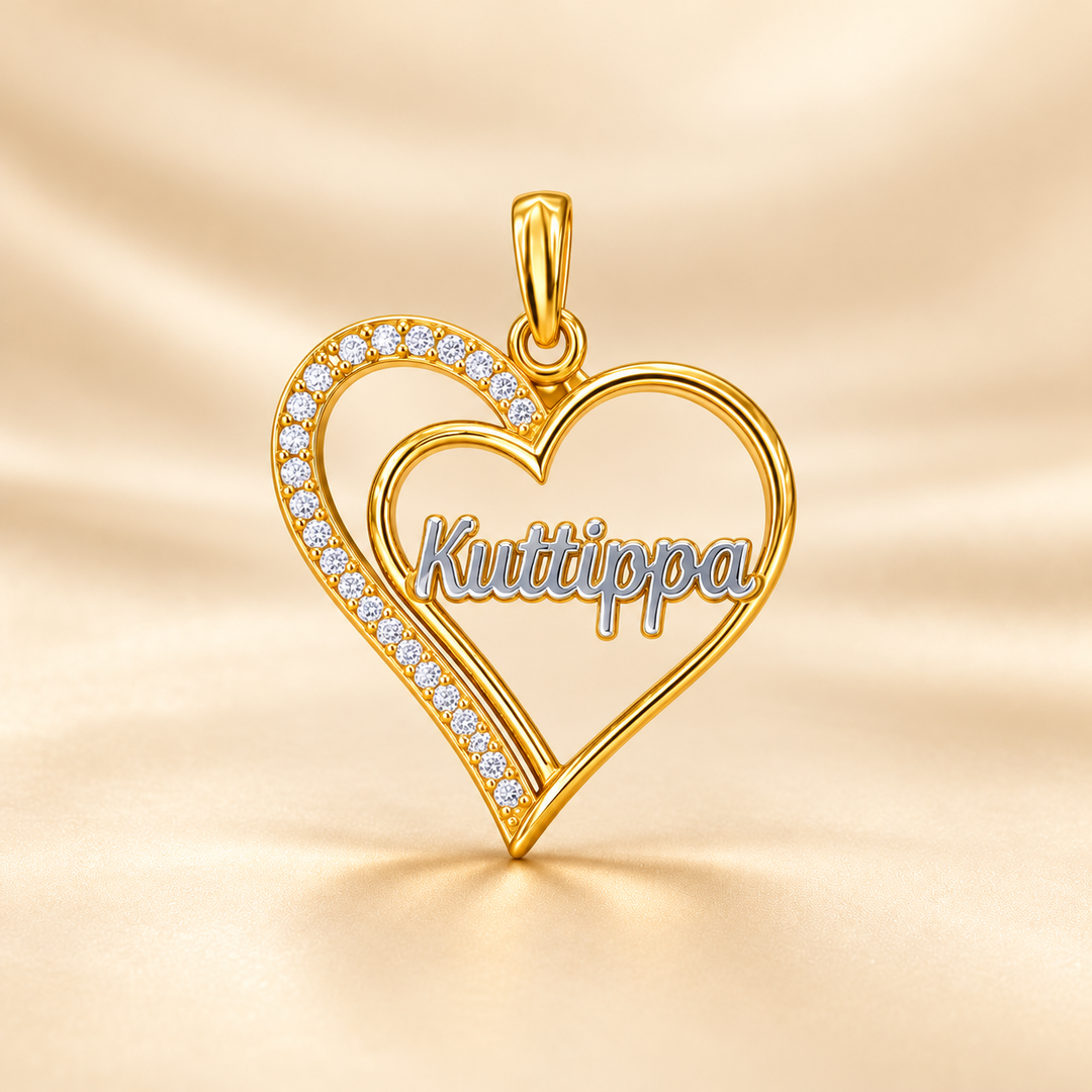 22K Gold Double Heart Name Pendant with Stone Outline
