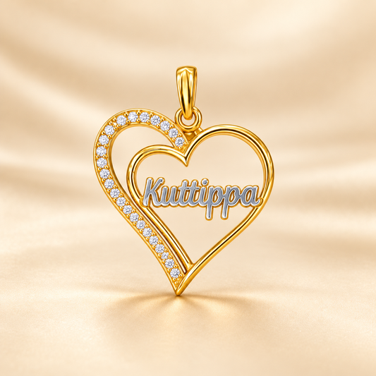22K Gold Double Heart Name Pendant with Stone Outline