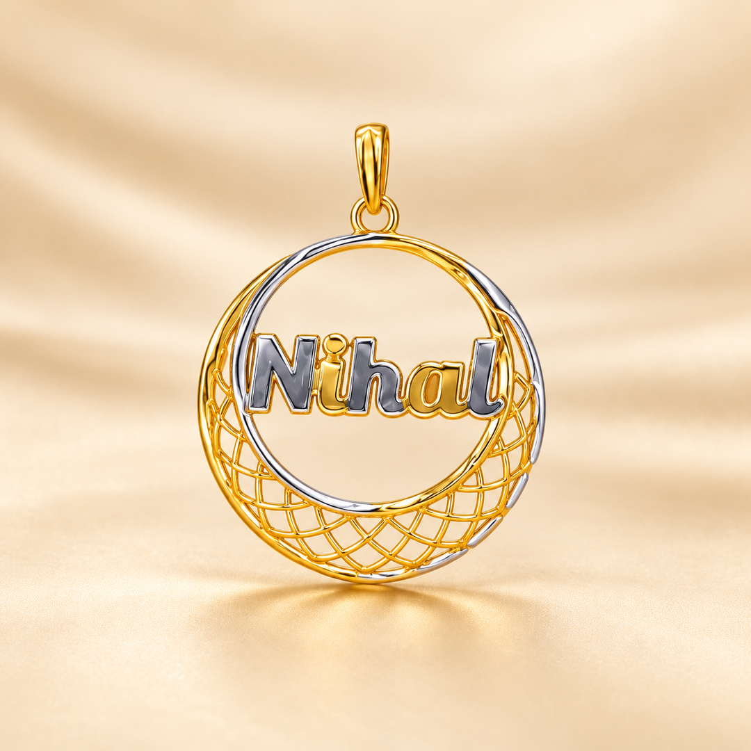 22K Gold Two-Tone Round Name Pendant with Lattice