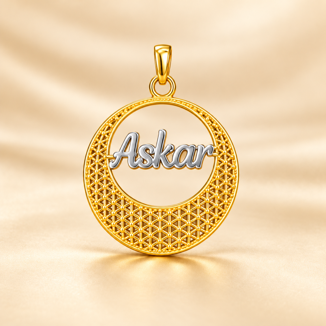 22K Gold Two-Tone Round Name Pendant with Mesh Crescent