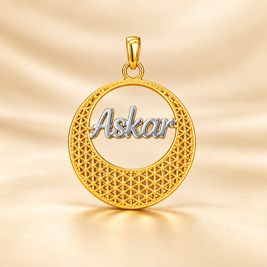 22K Gold Two-Tone Round Name Pendant with Mesh Crescent