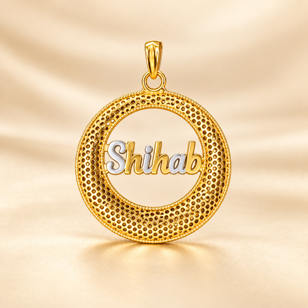 22K Gold Mesh Ring Round Name Pendant