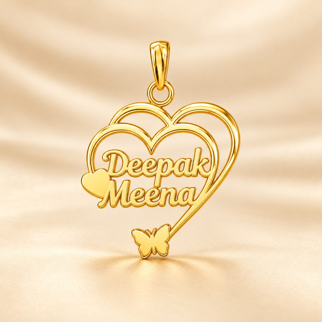 22K Gold Couple Names Heart Pendant with Butterfly