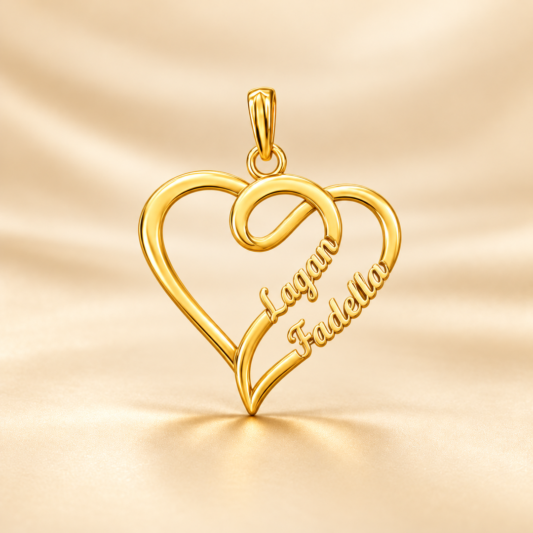 22K Gold Swirl Heart Couple Names Pendant