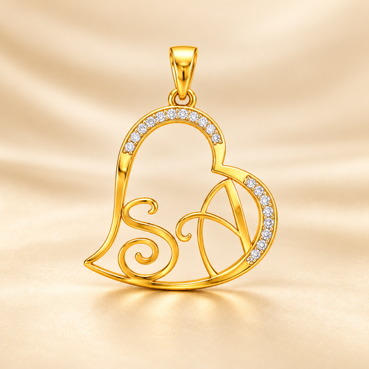 22K Gold Heart Initials Pendant