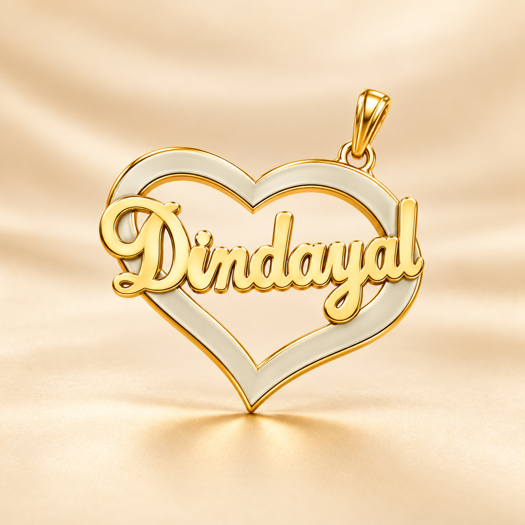 22K Gold White Enamel Heart Name Pendant