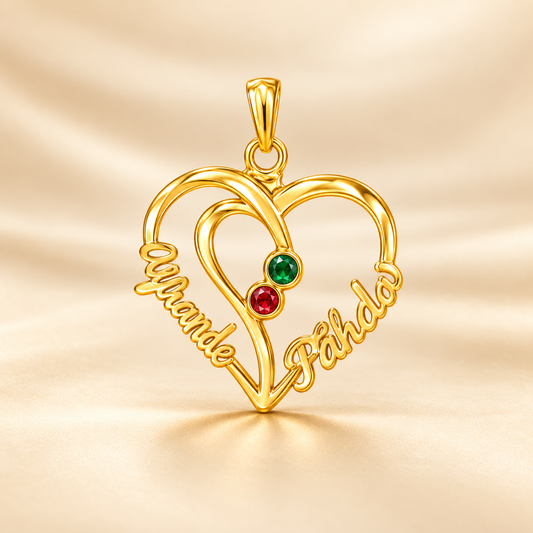 22K Gold Couple Names Heart Pendant with Birthstones