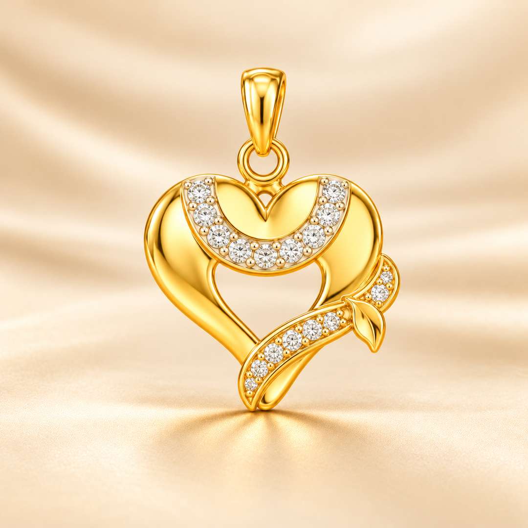 22K Gold Sculpted Heart Pendant with Stone Ribbon