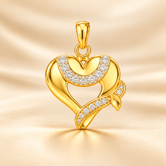 22K Gold Sculpted Heart Pendant with Stone Ribbon