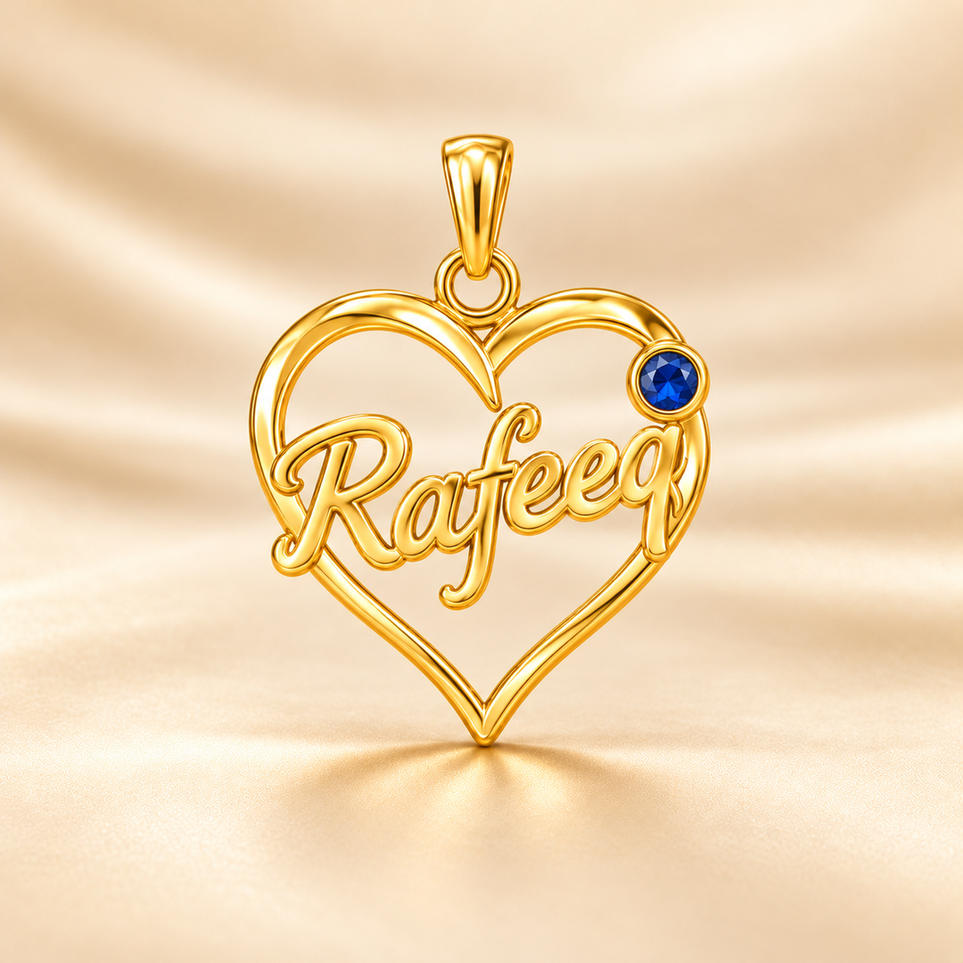 22K Gold Heart Name Pendant with Blue Stone